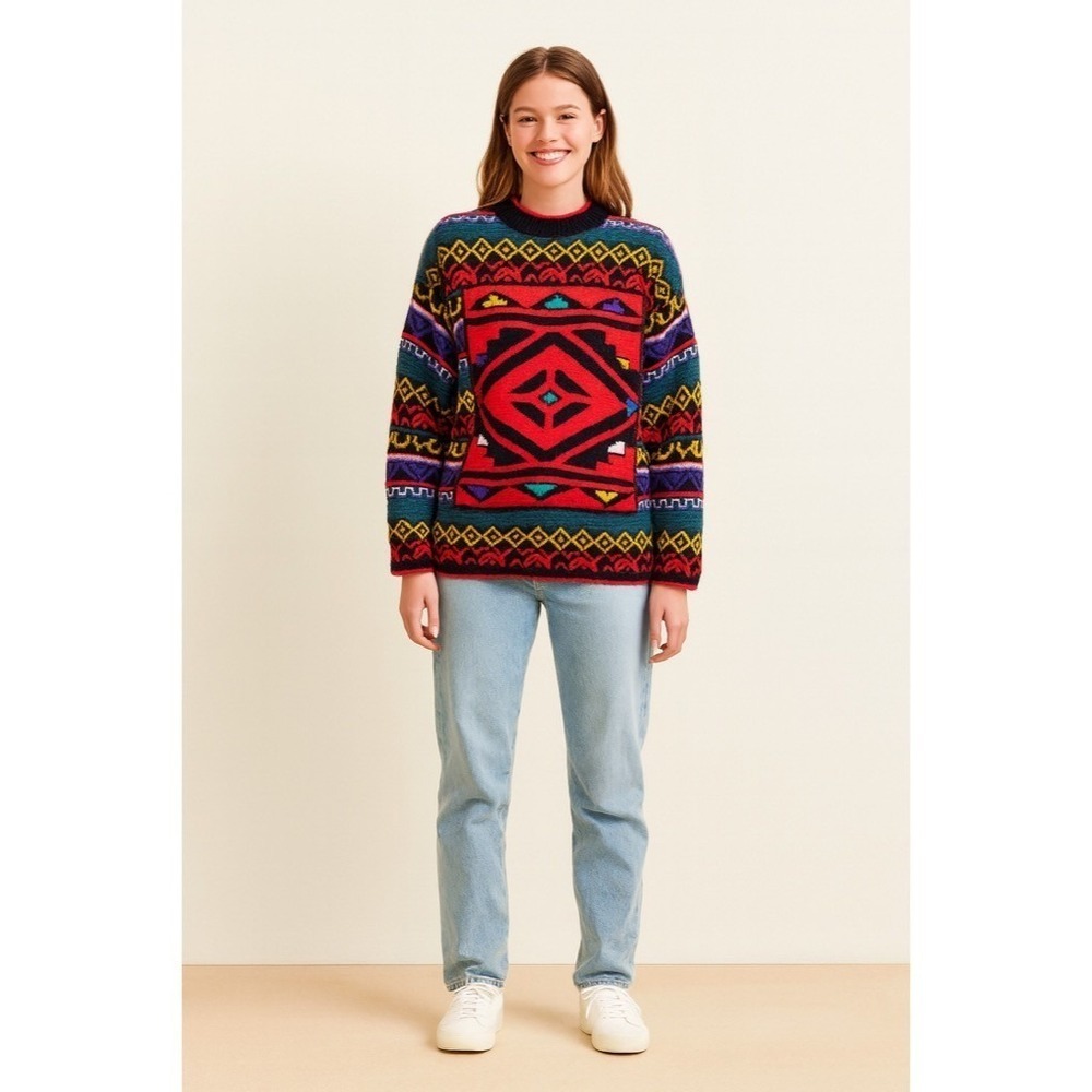 Vintage‎ KITTY HAWK Bright Colorful Pullover Sweater Fairisle Geometric Medium